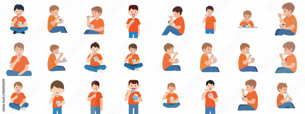 Fototapeta premium Set of vector illustrations depicting young boys happily eating colorful scoops of ice cream from bowls, demonstrating various actions and poses.