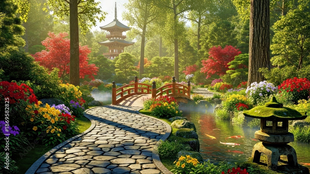 Obraz premium Beautiful Japanese Garden With Pagoda Stone Bridge and Koi Pond Landscape.jpg