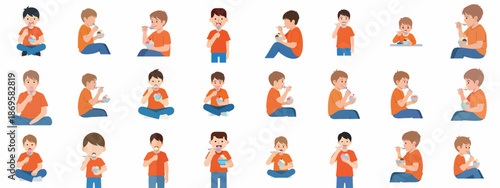 Set of vector illustrations depicting young boys happily eating colorful scoops of ice cream from bowls, demonstrating various actions and poses.