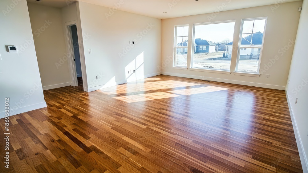 Fototapeta premium Bright Empty Room With Hardwood Floors and Large Windows View of Suburban Homes.jpg