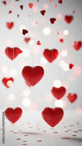 Hanging red hearts with soft bokeh lights on white background  