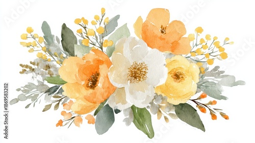 Hand-painted watercolor bouquet with vibrant orange and yellow blooms and fresh greens