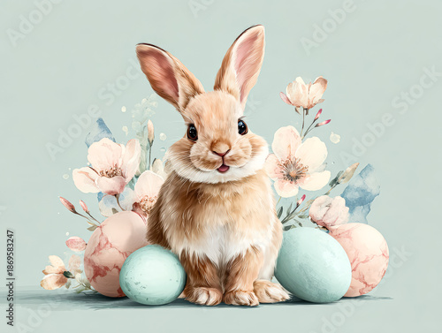 Cute Bunny Surrounded by Colorful Easter Eggs and Flowers