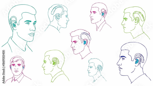 Collection of diverse male head profile sketches with colored accents.