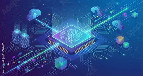 High-tech artificial intelligence brain on a microchip integrated with cloud computing and data network connections, symbolizing advanced machine learning and digital transformation concepts