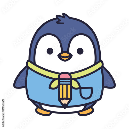 Cartoon Penguin with Pencil Apron Illustration
