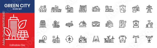 Green City Ecology And Environment Sustainable Thin Line Icons