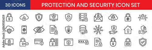 Protection And Cyber Security Shield Thin Line Icons
