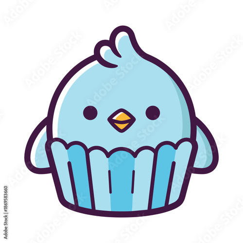Cute Cartoon Bird in Cupcake Vector Illustration