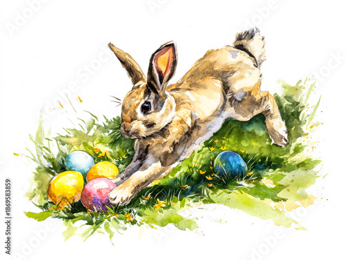 Playful Rabbit with Colorful Easter Eggs in Grass