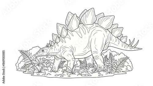 Stegosaurus Foraging Among Ferns in a Detailed Prehistoric Clearing. svg.