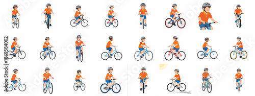 Set of Young Boy Bicycle Rider Illustrations with Helmet, Cycling in Various Poses and Angles, Representing Sports and Outdoor Activity.