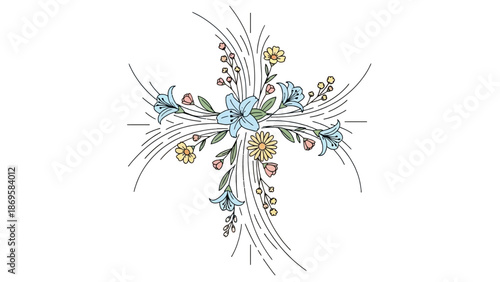 Vibrant floral cross design with colorful flowers and leaves
