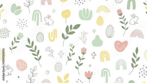 Whimsical Easter pattern with bunnies, eggs, and flowers in pastel colors