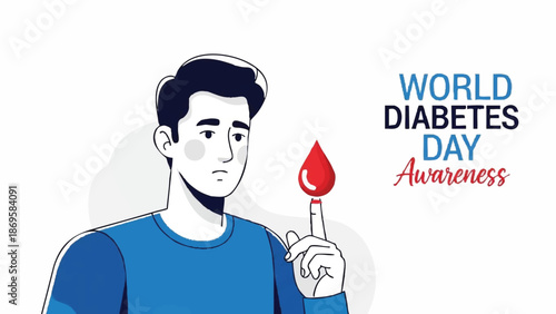 Man with blood drop on finger for diabetes awareness.