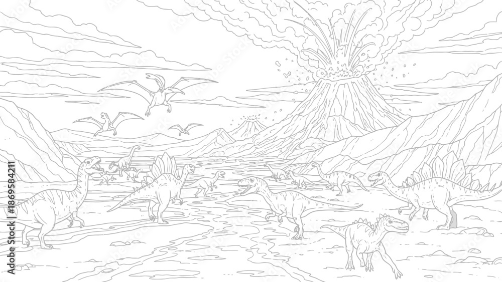 Fototapeta premium Volcanic Eruption Backdrop to a Terrified Dinosaur Herd Coloring Page. transparent. svg.