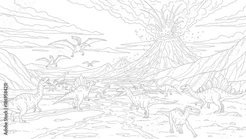 Volcanic Eruption Backdrop to a Terrified Dinosaur Herd Coloring Page. transparent. svg.