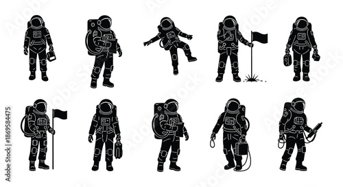 Astronaut silhouettes engaged in various activities on a lunar surface