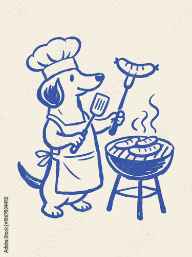 Dachshund chef grilling sausages naive doodle vector illustration