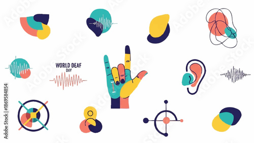 World Deaf Day illustration with sign language and sound waves.