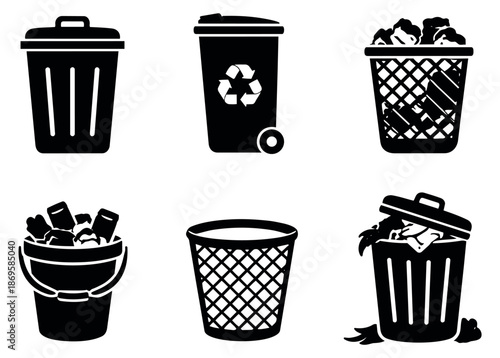 Simple graphic waste bin set featuring various trash cans and recycling bins for waste management and recycling