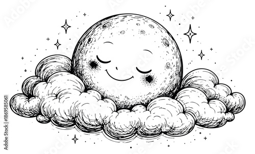 Hand drawn line art illustration of a cute moon depicting it sleeping peacefully on clouds with stars for children's bedtime stories