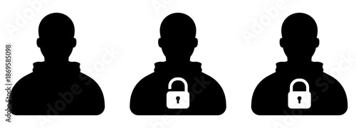 Black icon set of a person with open and closed lock without background.