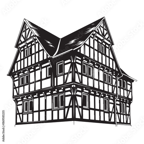 Vintage black and white timber house illustration Vector, illustration