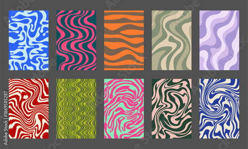 Set of 10 abstract wavy background patterns, retro groovy liquid textures with psychedelic marble swirls, flat vector distorted line art.