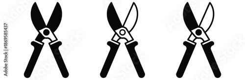 garden pruning shears in black and white,Pruning Shears Gardening Tool Silhouette Icon Design Illustration,Pruning shears icon. Thin line icon vector