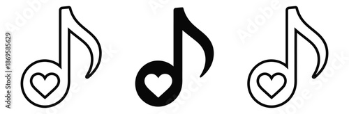 Music notes with heart symbols in black and white,Set of Musical Notes and Clef Symbols. Simple Music Icon Vector Illustration,Music note icon set. flat illustration of vector icon