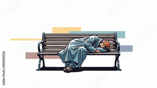 Homeless person sleeping on a park bench outdoors.