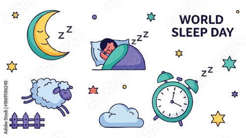 World Sleep Day Celebration with Sleeping Person and Sleep Symbols.