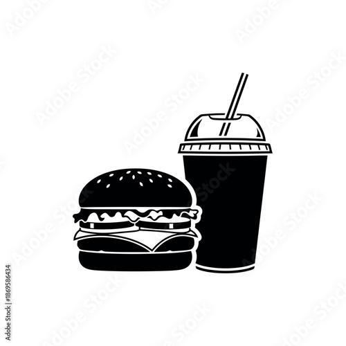 Hamburger With Soda Cup Fast Food Stencil Vector