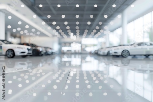 car showroom with many cars on display. cars are white and showroom is very clean