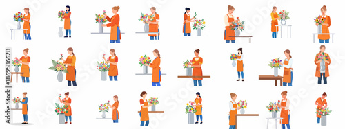 Vector set of florists creating beautiful floral arrangements. Women in aprons working with bouquets for flower shop or delivery service.