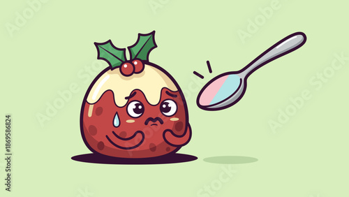 Sad Christmas Pudding Character with Holly Berries Faces the Inevitable Spoon in a Festive, Whimsical Scene, a Concept for Holiday Treats, Desserts, and Nostalgic Seasonal