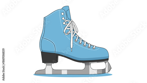 Cartoon illustration of a light blue figure ice skate with white laces and a silver blade on a white background showcases winter sport equipment for recreational skating