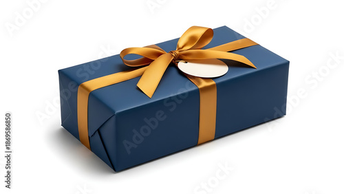 Elegant dark blue gift box with golden ribbon and blank tag, isolated on white background, special present surprise, luxury.