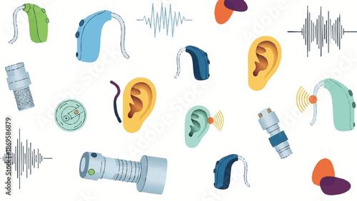 Collection of Hearing Aids and Sound Waves Illustrating Hearing Health.