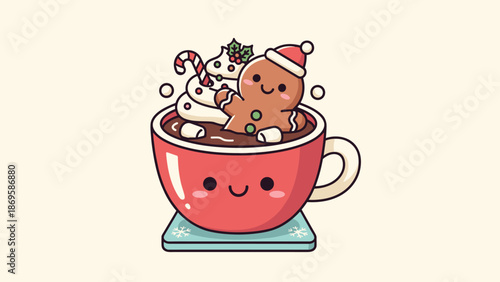 Adorable Gingerbread Man Soaking in Hot Chocolate with Whipped Cream and Candy Cane on a Winter Day: A Charming Festive Beverage Cartoon Illustration for Holiday Cheer, Christmas,