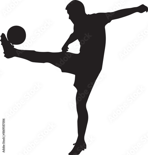 Silhouette of a Professional Soccer Player Kicking Ball Isolated on White Background