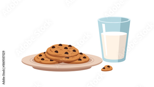 Delicious Chocolate Chip Cookies and Refreshing Milk Illustration for Snack Time Fun, Perfect for Children's Books, Recipe Cards, Bakery Ads, Cafe Menus,  Sweet Treats, Cartoon