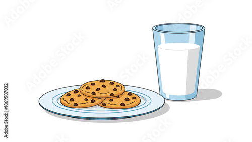 Cookies and Milk Illustration: A classic treat of chocolate chip cookies served on a blue plate next to a tall glass of fresh milk, perfect for children's books, educational