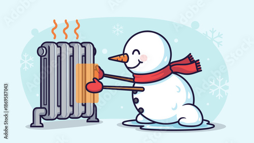 Smiling snowman embracing a warm radiator in a snowy winter scene, seeking comfort and protection from the cold weather, ideal for illustrations, holiday greeting cards,