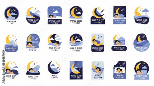 Collection of World Sleep Day illustrations featuring sleeping people and moon.