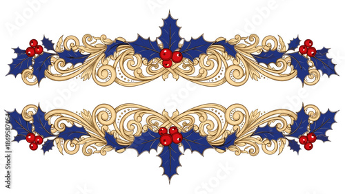 Elegant Christmas Holly Border Design with Golden Filigree for Festive Invitations and Holiday Decor, Showcasing Detailed Ornate Scrolls and Deep Blue Leaves with Red Berries in a
