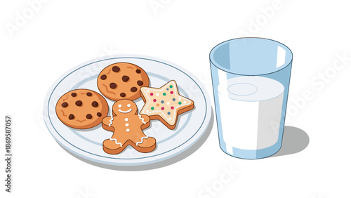 Cookies and Milk Illustration for Santa: A festive plate of chocolate chip and gingerbread treats beside a refreshing glass of milk presents a comforting scene evoking holiday