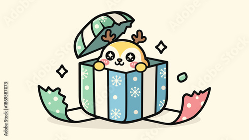 Adorable reindeer popping out of a festive Christmas gift box with snowflakes, stars, and polka dots brings holiday cheer and whimsy, perfect for seasonal greetings, children's