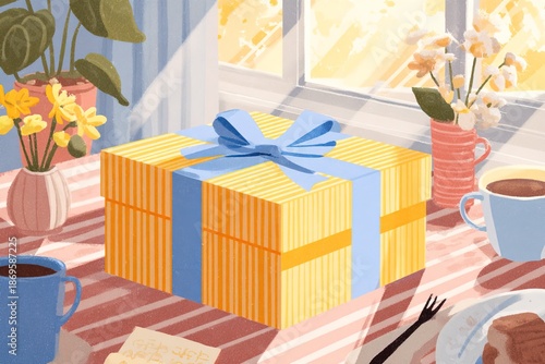 flat illustration gift box with blue ribbon is placed on table next to drinks and flowers. Sunlight shines through window, creating cozy atmosphere